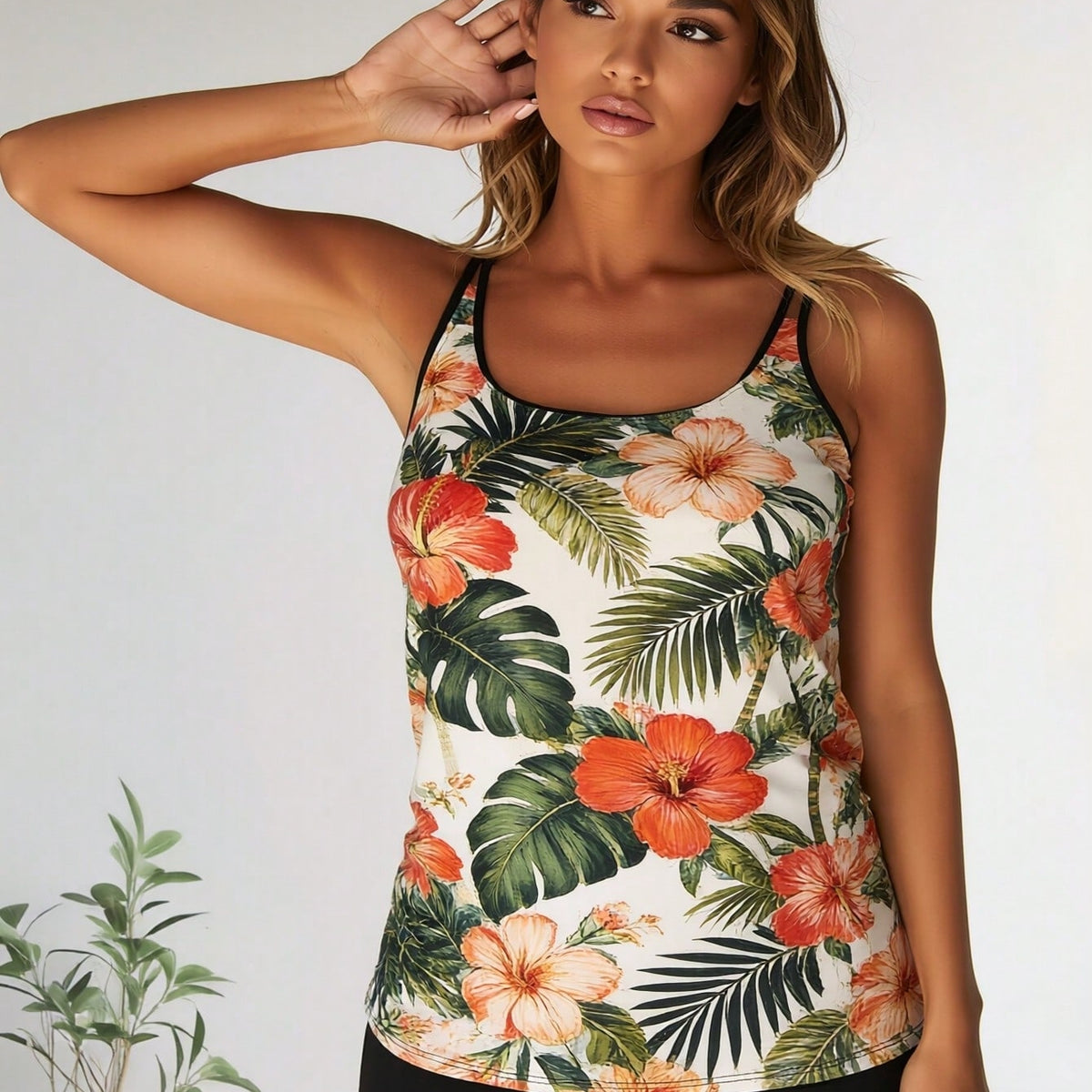 New Tropical Hibiscus Print Tankini Swimsuit, Double Spaghetti Straps Tummy Control Swimwear