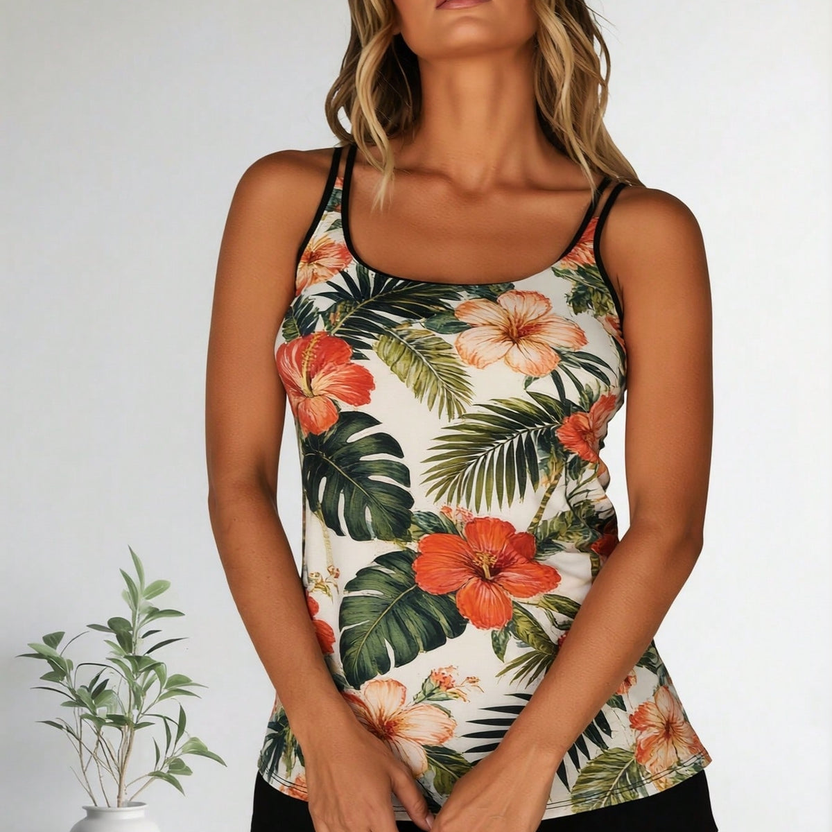New Tropical Hibiscus Print Tankini Swimsuit, Double Spaghetti Straps Tummy Control Swimwear