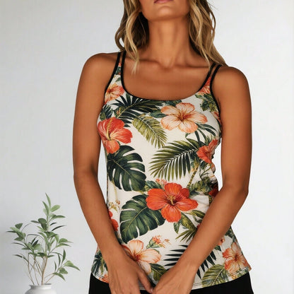 New Tropical Hibiscus Print Tankini Swimsuit, Double Spaghetti Straps Tummy Control Swimwear