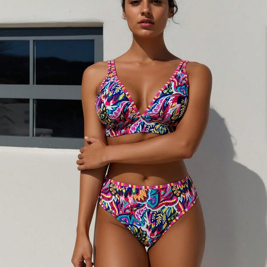 New Vibrant Floral & Leaf Print Swimwear, Mid Waist Tummy Control Two-Piece Swimsuit