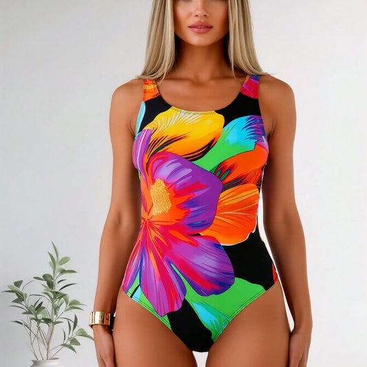 New Large Watercolor Floral Print One-Piece Swimsuit, Scoop Neck Tummy Control Bathing Suit