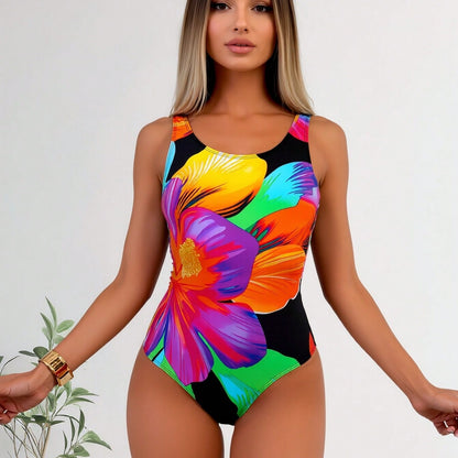 New Large Watercolor Floral Print One-Piece Swimsuit, Scoop Neck Tummy Control Bathing Suit