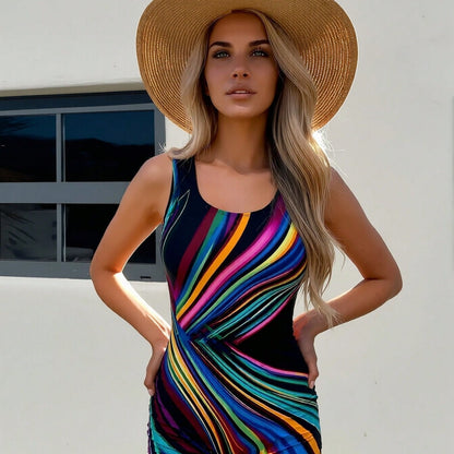 New Rainbow Diagonal Stripe Print One-Piece Boyleg Swimsuit, Scoop Neck Tummy Control Bathing Suit
