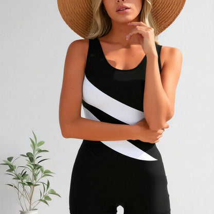 New Black and White Diagonal Stripe Tankini Swimsuit, Scoop Neck Slim Fit Tank Top & Solid Boy Shorts