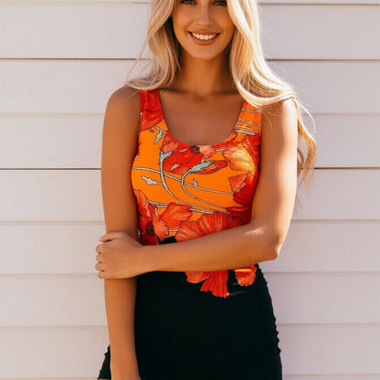 New Orange Poppy Print Tankini Swimsuit, U Neck Floral Tank Top & Solid Black Boy Shorts