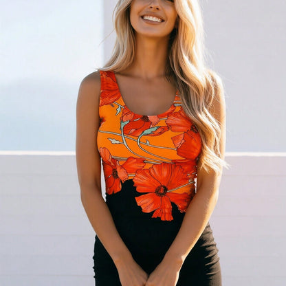 New Orange Poppy Print Tankini Swimsuit, U Neck Floral Tank Top & Solid Black Boy Shorts