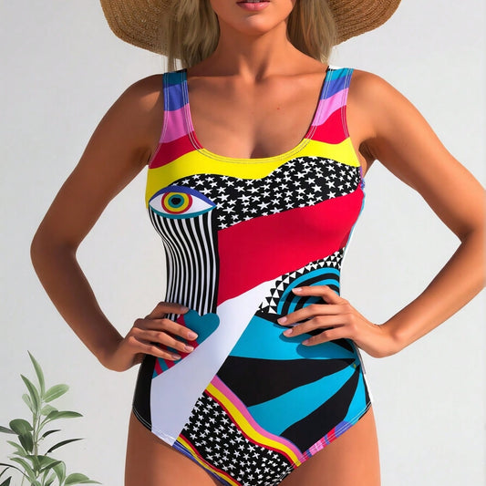 New Bold Abstract Artistic Print Swimsuit, Evil Eye & Star Pattern Slimming One Piece Swimwear