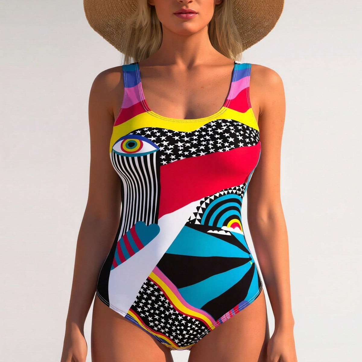 New Bold Abstract Artistic Print Swimsuit, Evil Eye & Star Pattern Slimming One Piece Swimwear