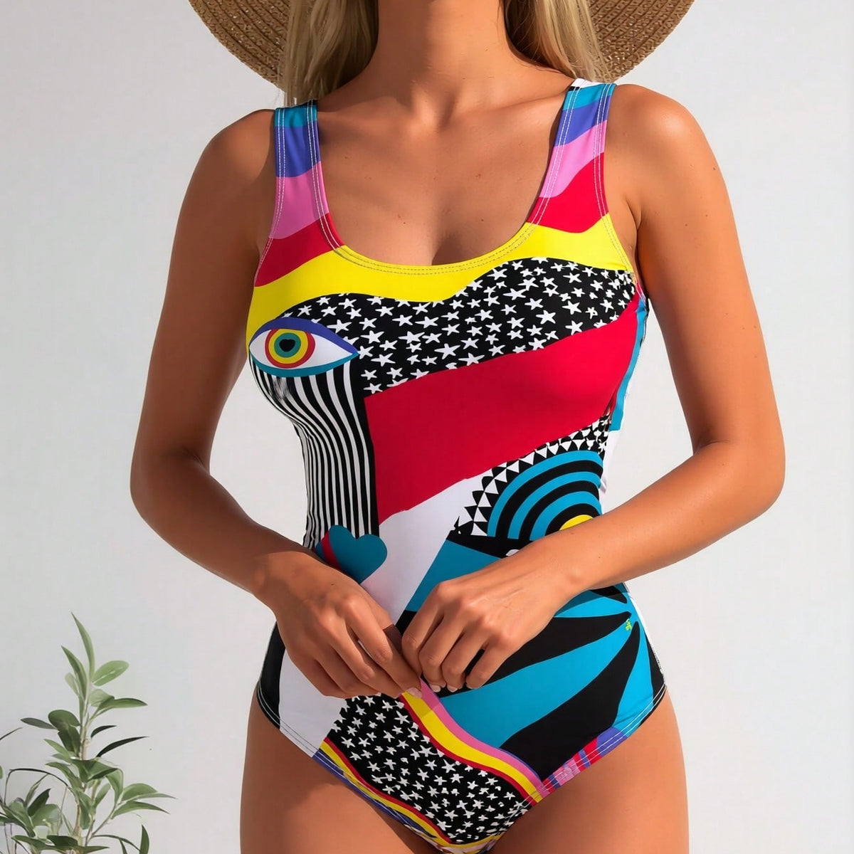 New Bold Abstract Artistic Print Swimsuit, Evil Eye & Star Pattern Slimming One Piece Swimwear
