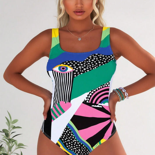 New Abstract Geometric Print One Piece Swimsuit, Square Neck Evil Eye & Rainbow Tummy Control Bathing Suit