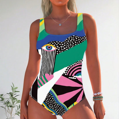 New Abstract Geometric Print One Piece Swimsuit, Square Neck Evil Eye & Rainbow Tummy Control Bathing Suit
