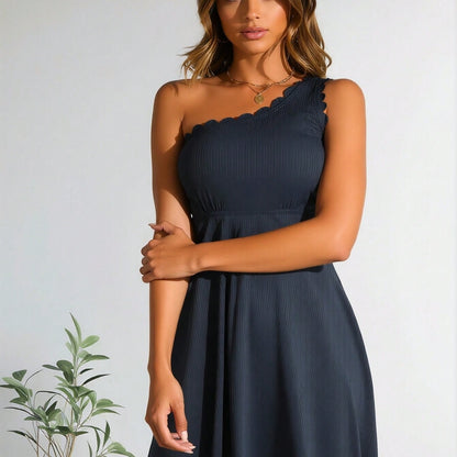 New One-Shoulder Scalloped Trim Swim Dress, Ribbed Tummy Control
