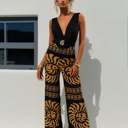 New  Sleeveless Jumpsuit, Deep V Neck & Metal Buckle & Retro Print Wide Leg Pants, Vacation Casual Women's Outfit