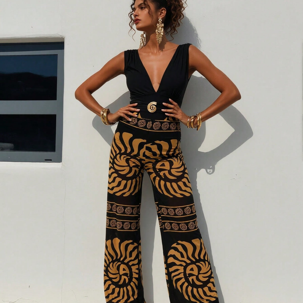 New  Sleeveless Jumpsuit, Deep V Neck & Metal Buckle & Retro Print Wide Leg Pants, Vacation Casual Women's Outfit