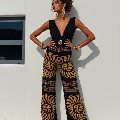 New  Sleeveless Jumpsuit, Deep V Neck & Metal Buckle & Retro Print Wide Leg Pants, Vacation Casual Women's Outfit