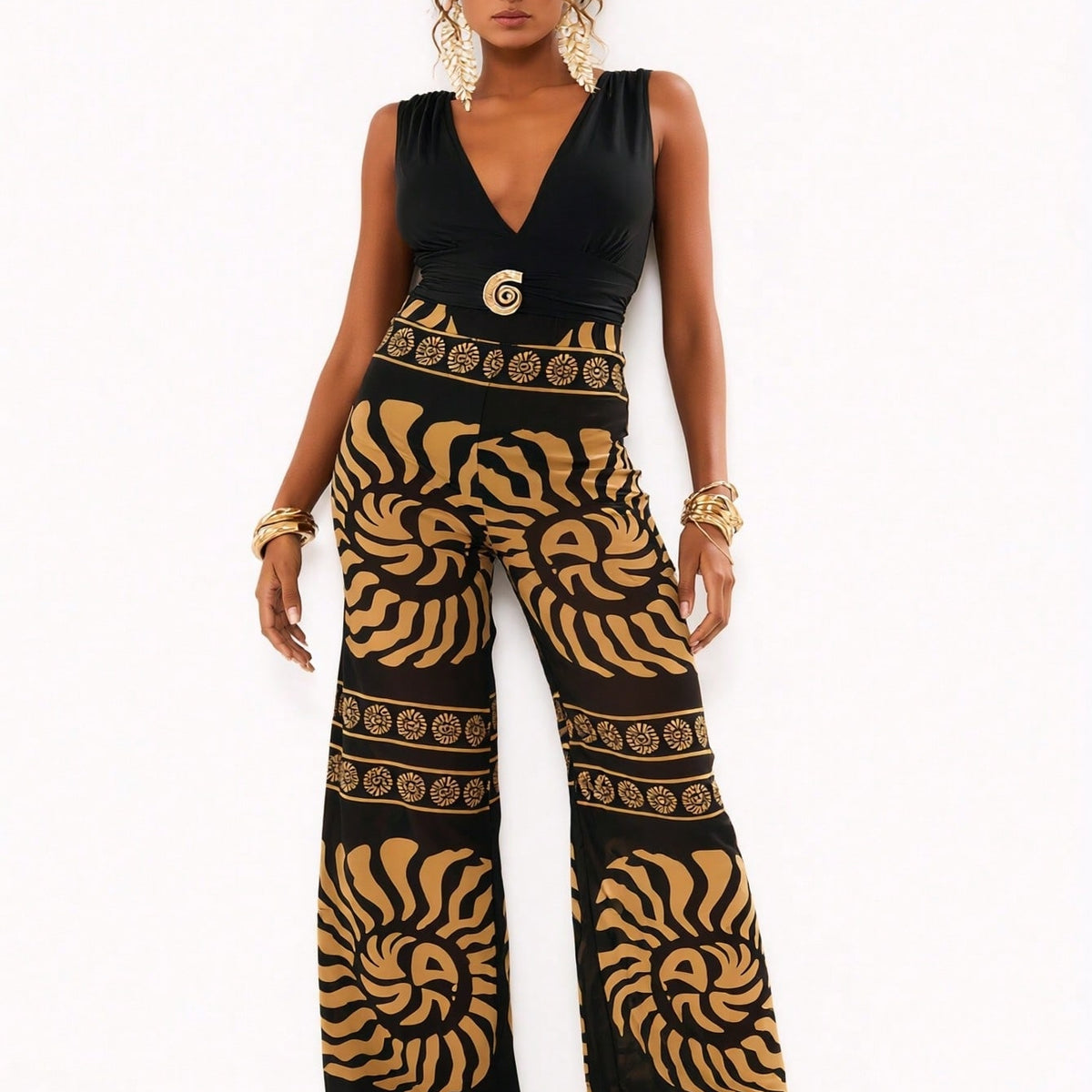 New  Sleeveless Jumpsuit, Deep V Neck & Metal Buckle & Retro Print Wide Leg Pants, Vacation Casual Women's Outfit