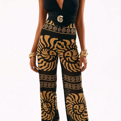 New  Sleeveless Jumpsuit, Deep V Neck & Metal Buckle & Retro Print Wide Leg Pants, Vacation Casual Women's Outfit