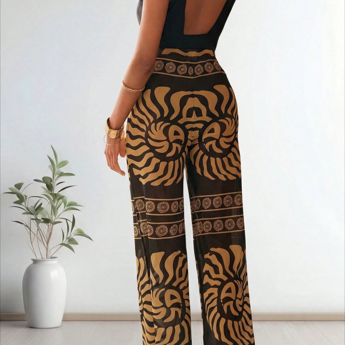New  Sleeveless Jumpsuit, Deep V Neck & Metal Buckle & Retro Print Wide Leg Pants, Vacation Casual Women's Outfit