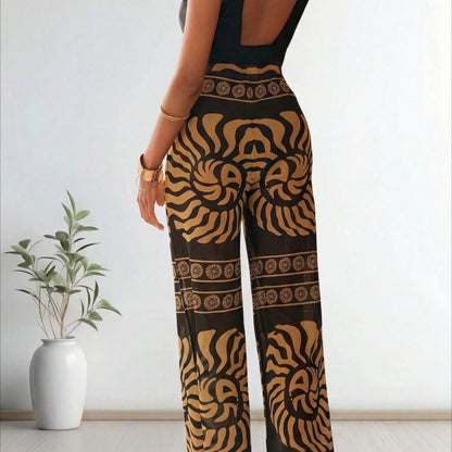New  Sleeveless Jumpsuit, Deep V Neck & Metal Buckle & Retro Print Wide Leg Pants, Vacation Casual Women's Outfit