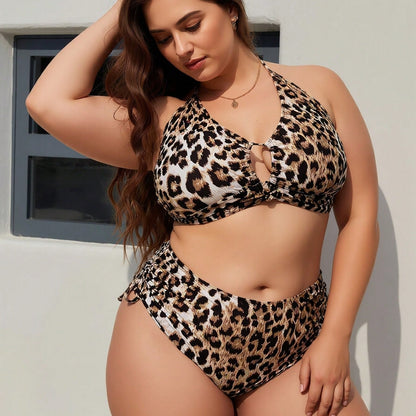 Plus Size Leopard Print Halter High Waist Bikini Set