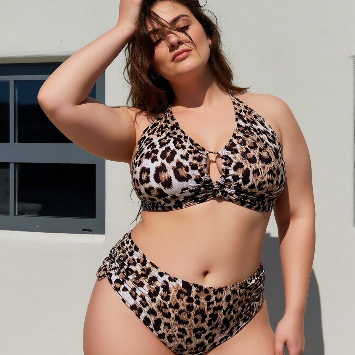 Plus Size Leopard Print Halter High Waist Bikini Set