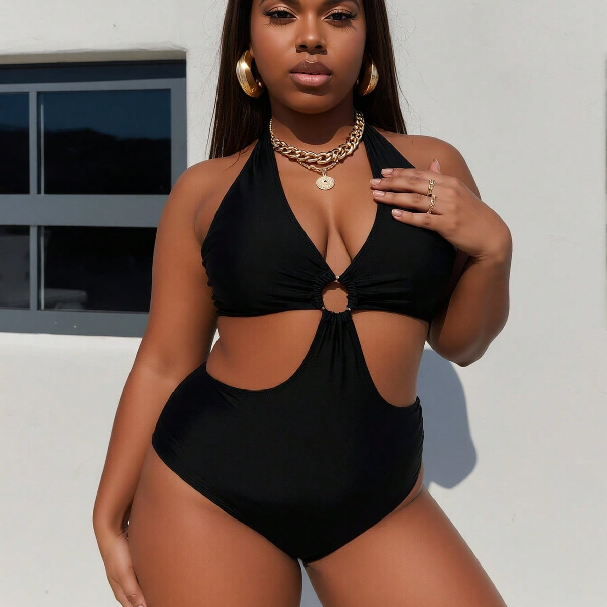 Plus Size Black Halter Cutout O-Ring One Piece Swimsuits For Women