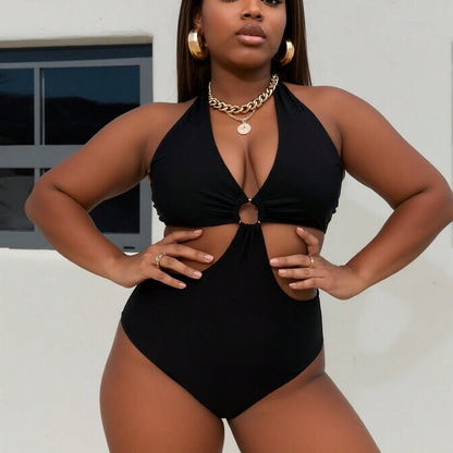 Plus Size Black Halter Cutout O-Ring One Piece Swimsuits For Women