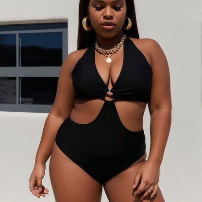 Plus Size Black Halter Cutout O-Ring One Piece Swimsuits For Women