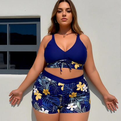 Plus Size Navy Tropical Floral Halter Bikini Set