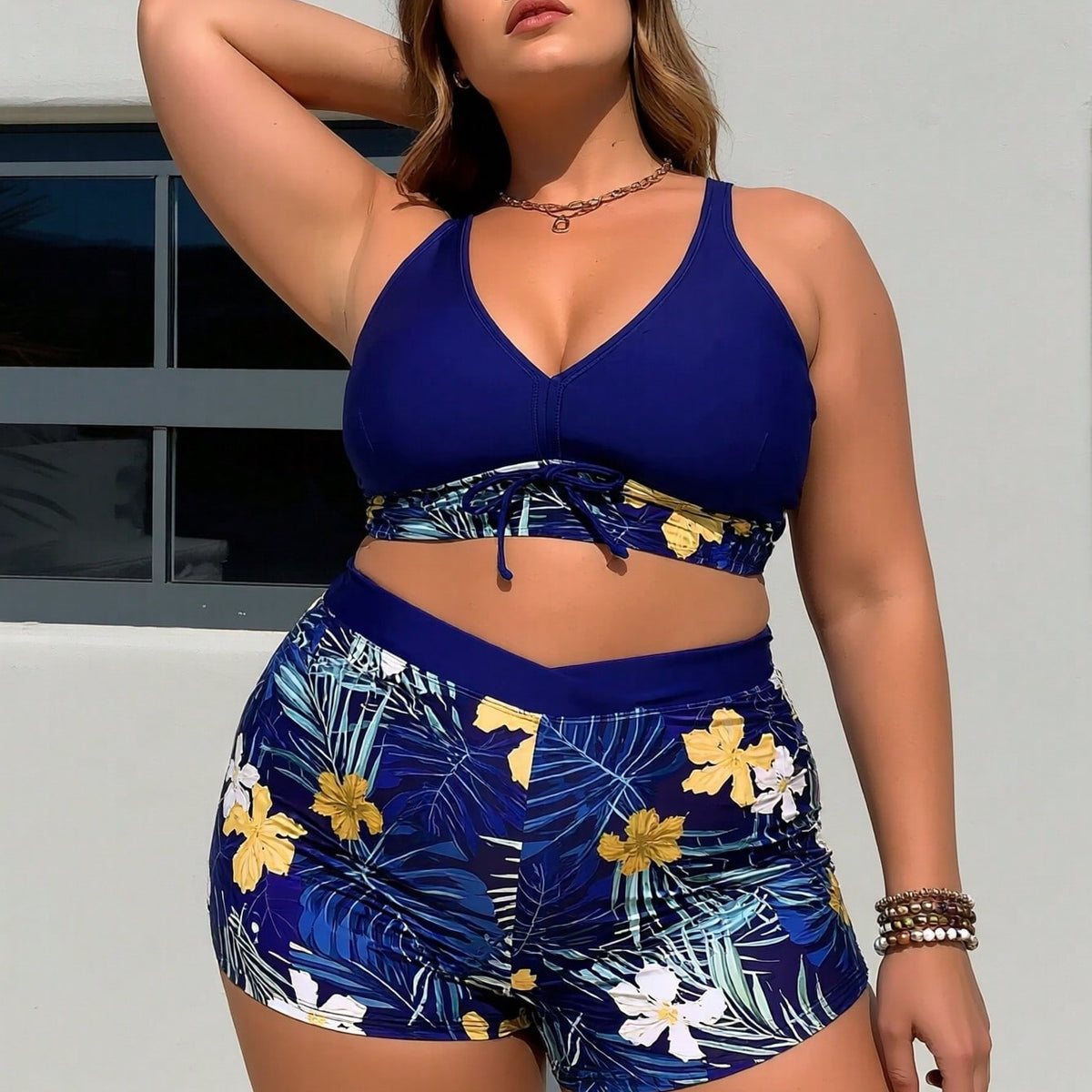 Plus Size Navy Tropical Floral Halter Bikini Set