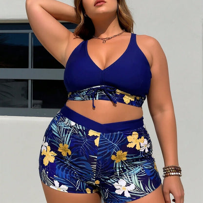 Plus Size Navy Tropical Floral Halter Bikini Set
