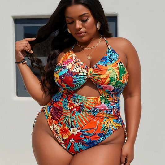 Plus Size Tropical Floral Print Halter Cutout Side Tie One Piece Swimsuits