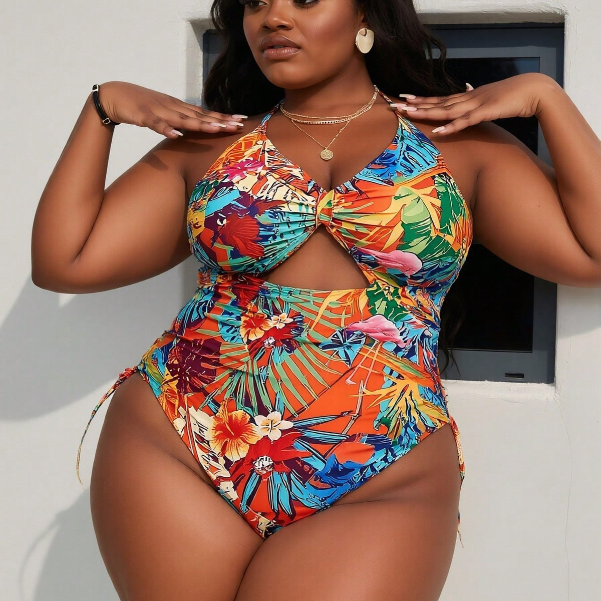 Plus Size Tropical Floral Print Halter Cutout Side Tie One Piece Swimsuits
