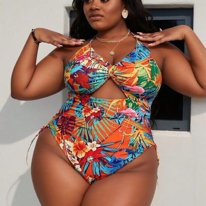 Plus Size Tropical Floral Print Halter Cutout Side Tie One Piece Swimsuits