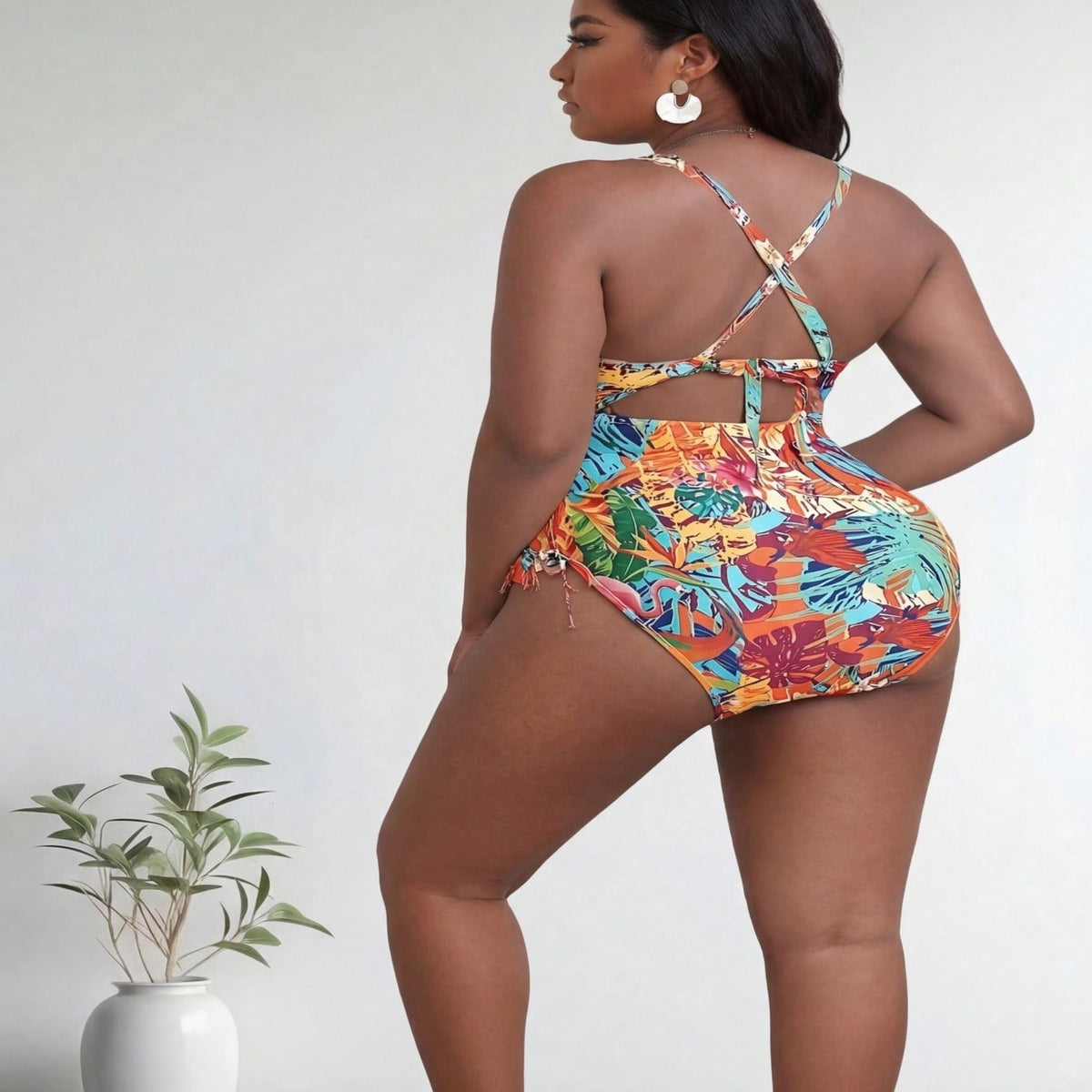 Plus Size Tropical Floral Print Halter Cutout Side Tie One Piece Swimsuits