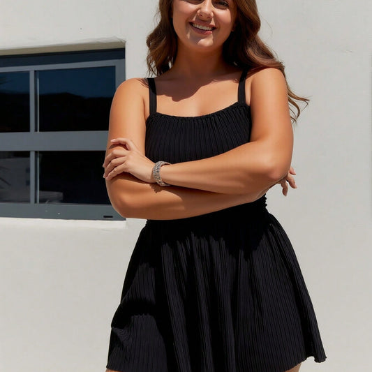 Plus Size Black Ribbed Square Neck Flared Skirt Swim Dress Swimsuits For Women