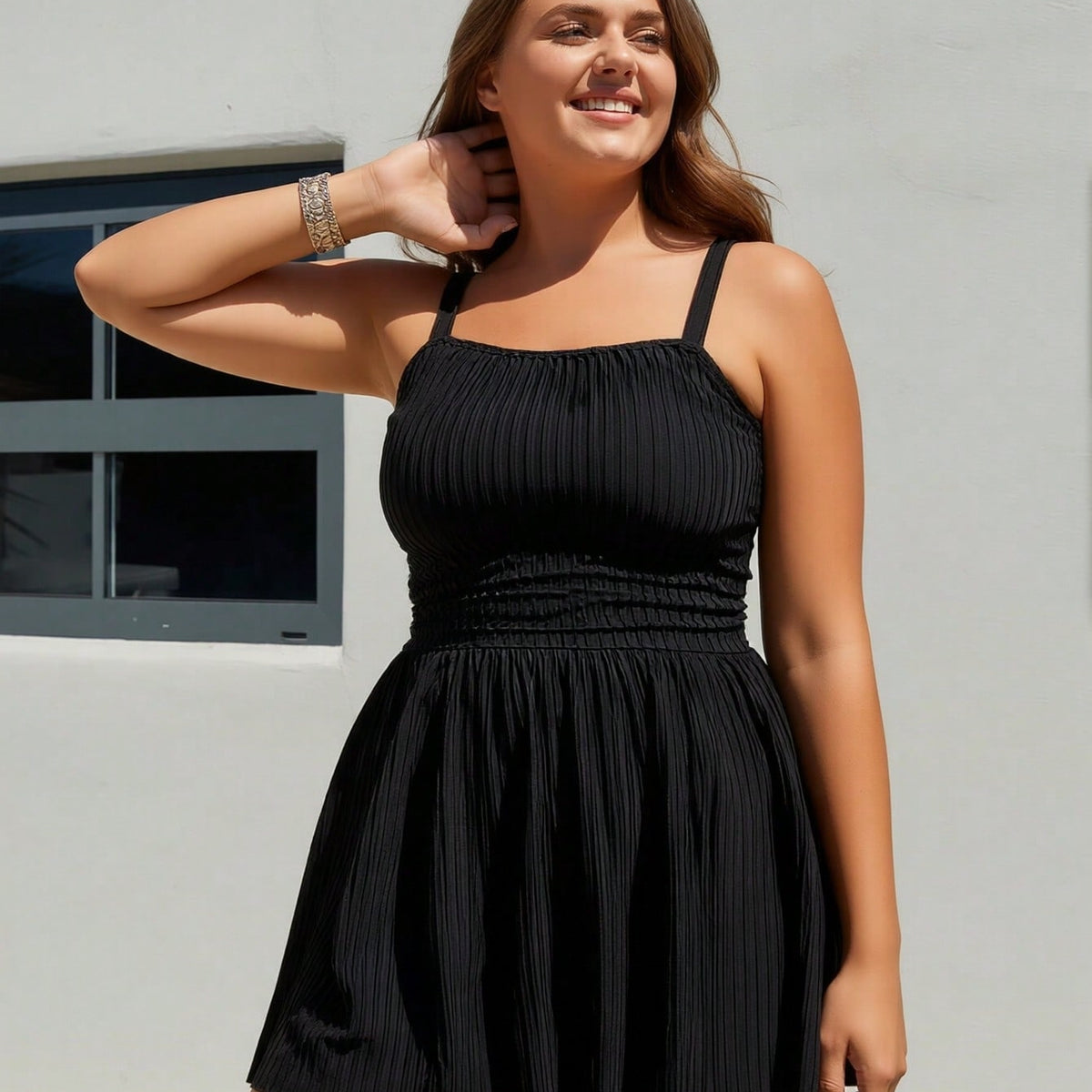 Plus Size Black Ribbed Square Neck Flared Skirt Swim Dress Swimsuits For Women