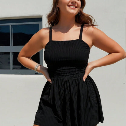 Plus Size Black Ribbed Square Neck Flared Skirt Swim Dress Swimsuits For Women