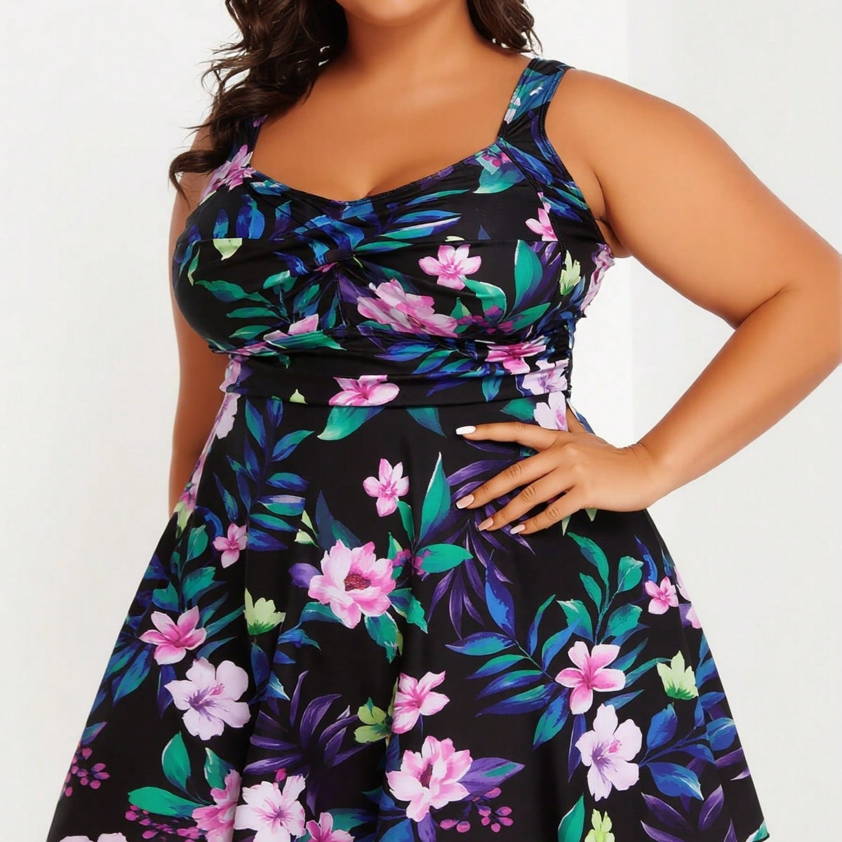 Plus Size Tropical Floral Twist-Front Swim Dress