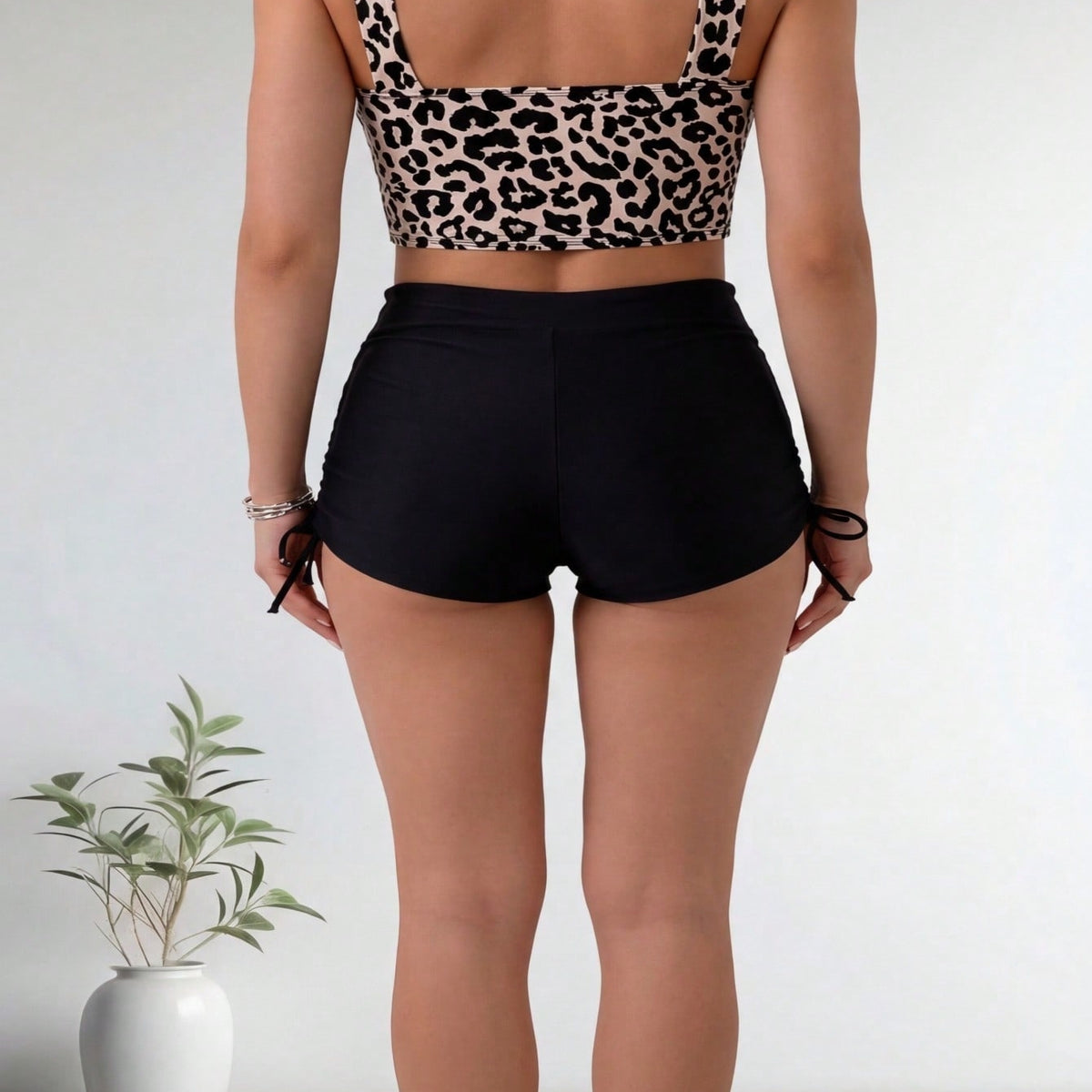 Leopard Print Square Neck Buckle Detail Side Tie Tankini Swimsuits