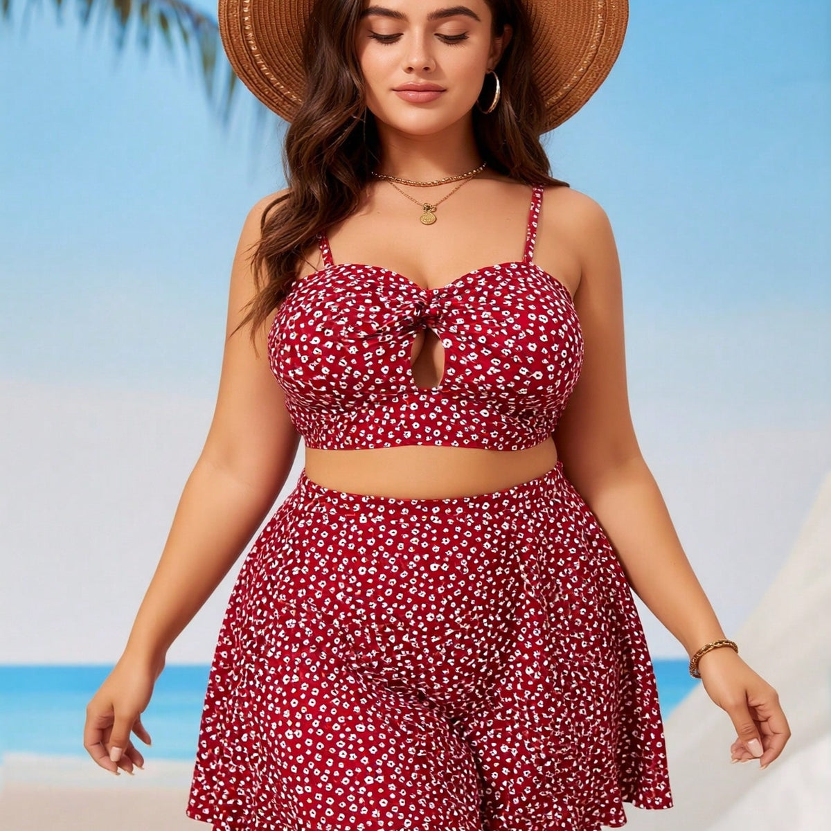 New Red Floral Print Bikini, Plus Size High Waist Skirted Two Piece Vacation Swimsuit