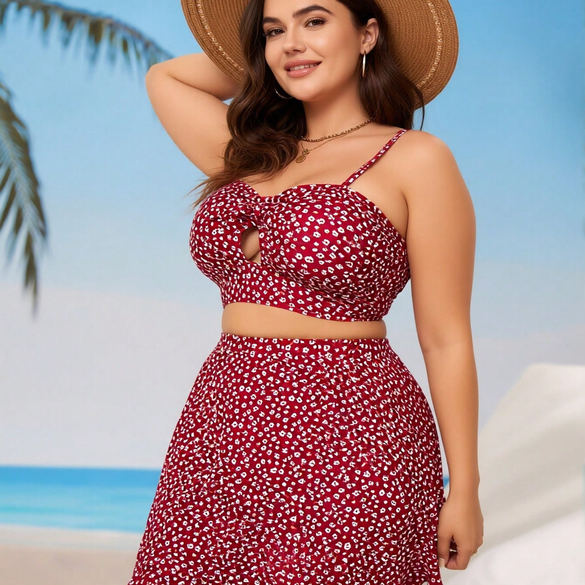 New Red Floral Print Bikini, Plus Size High Waist Skirted Two Piece Vacation Swimsuit