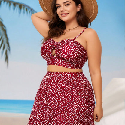 New Red Floral Print Bikini, Plus Size High Waist Skirted Two Piece Vacation Swimsuit