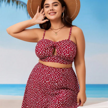 New Red Floral Print Bikini, Plus Size High Waist Skirted Two Piece Vacation Swimsuit