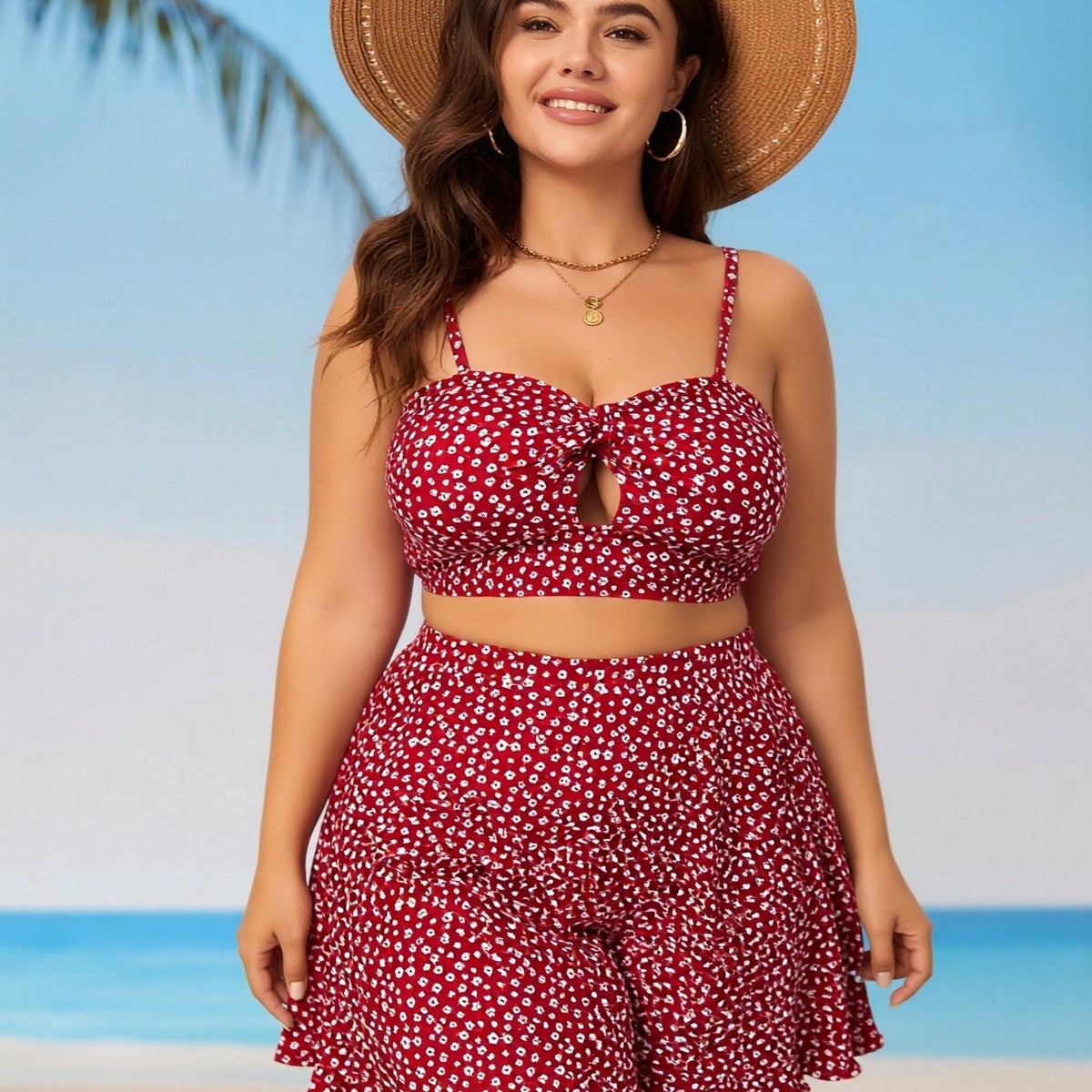 New Red Floral Print Bikini, Plus Size High Waist Skirted Two Piece Vacation Swimsuit