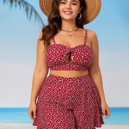 New Red Floral Print Bikini, Plus Size High Waist Skirted Two Piece Vacation Swimsuit