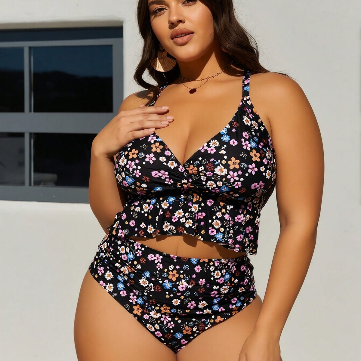 Plus Size Black Ditsy Floral Ruffle Hem High Waist Bikini Set