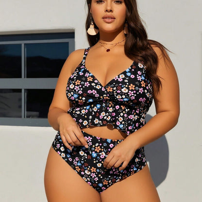 Plus Size Black Ditsy Floral Ruffle Hem High Waist Bikini Set