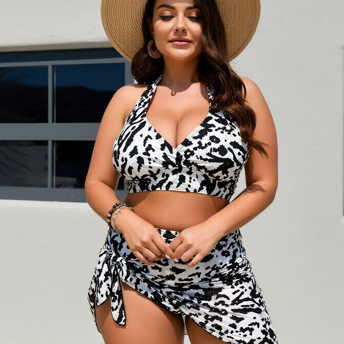 New Zebra Print Halter Bikini Set With Tie Skirt Cover Up, Plus Size Slimming 3 Piece Swimwear