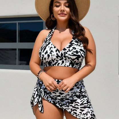 New Zebra Print Halter Bikini Set With Tie Skirt Cover Up, Plus Size Slimming 3 Piece Swimwear